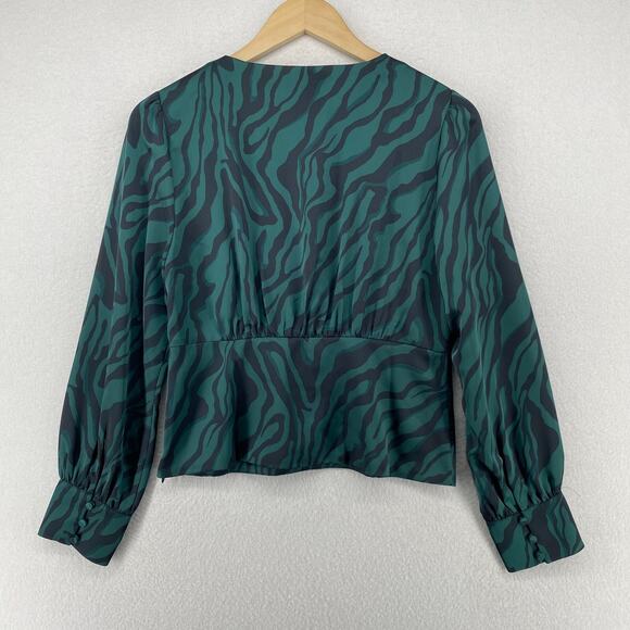 J.CREW Blouse 4 Deep V-Neck Zebra Striped Satin Button Front Long Sleeve Green - Picture 2 of 13